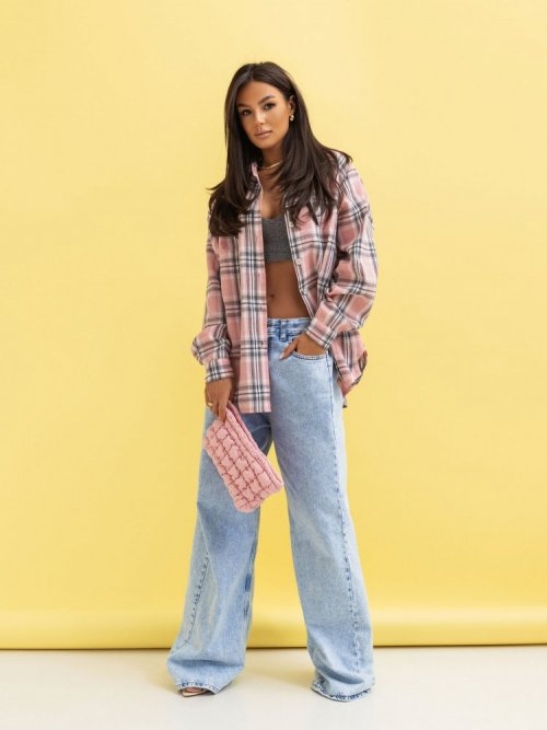 Koszula bawełniana oversize w kratę różowy|szary