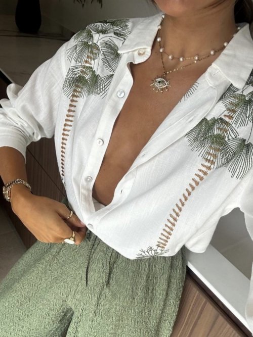 Koszula z domieszką lnu LAURA biała z haftem