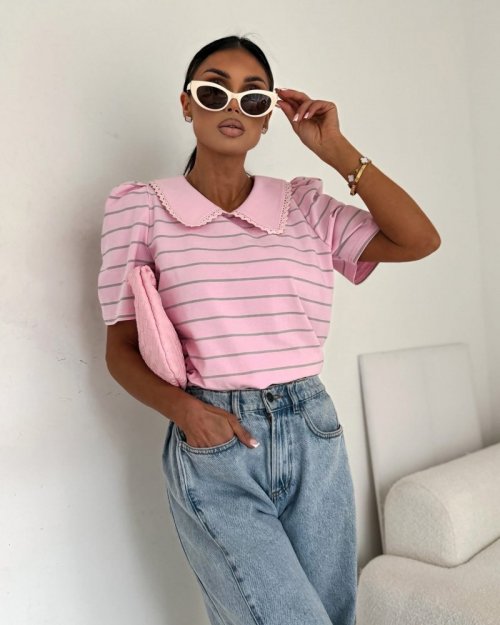 T-shirt z kołnierzykiem SELFIE różowy