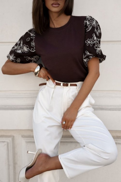 Bluzka z haftem SOPHIE brązowa