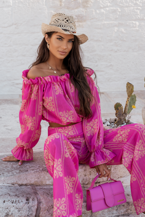 Komplet lniany RIO ricamo pink