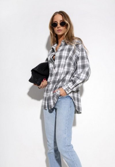 Koszula bawełniana oversize w kratę biały|czarny 2