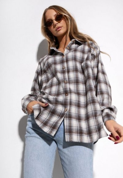 Koszula bawełniana oversize w kratę brązowa