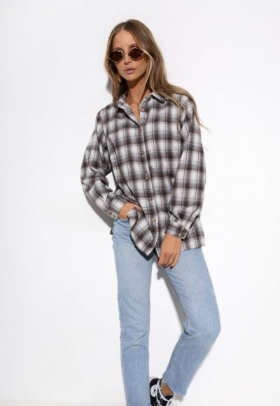 Koszula bawełniana oversize w kratę brązowa 1