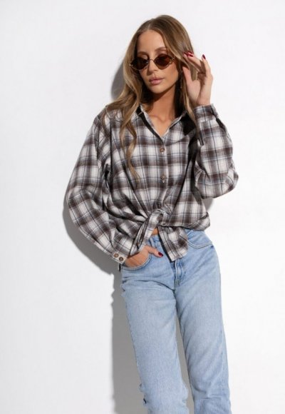 Koszula bawełniana oversize w kratę brązowa 2