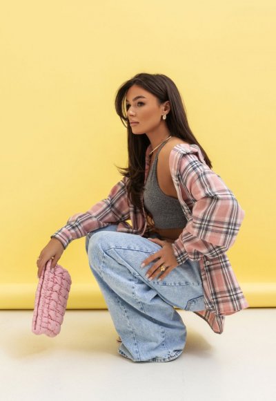 Koszula bawełniana oversize w kratę różowy|szary 2