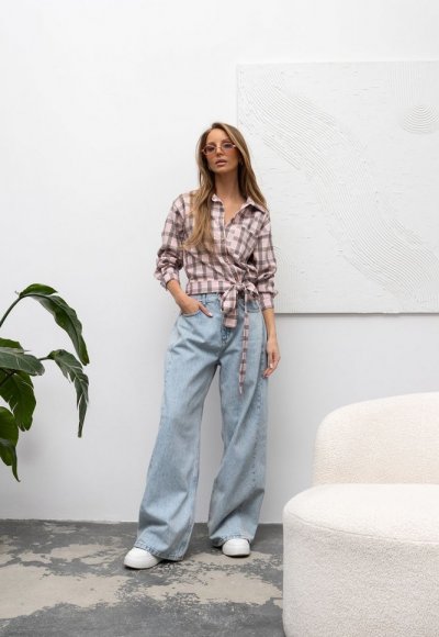 Koszula z wiązaniem SEPHIA w różową kratę 1