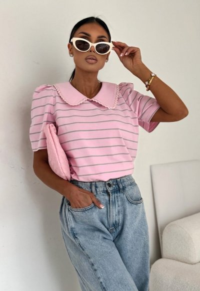 T-shirt z kołnierzykiem SELFIE różowy