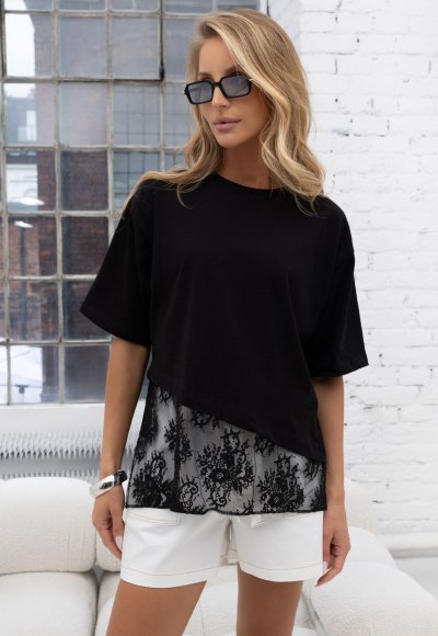 T-shirt z koronką DANNA czarny