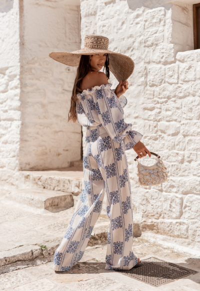 Komplet lniany RIO ricamo blue 1