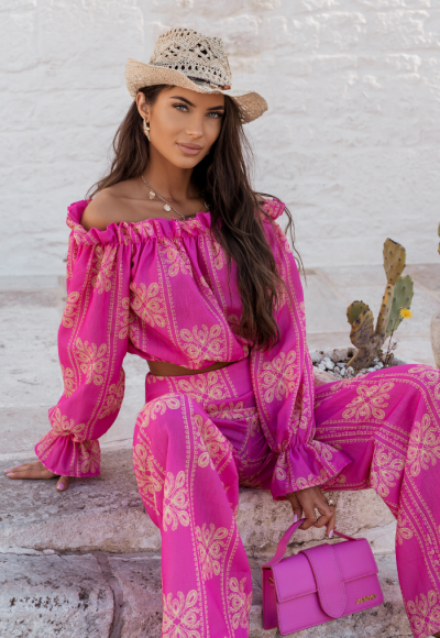 Komplet lniany RIO ricamo pink