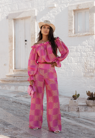 Komplet lniany RIO ricamo pink 2